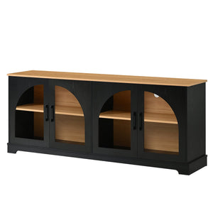 English Elm Farmhouse Media Console with Arched Glass Doors Wood Grain Two Tone Living Room Storage Black N721P411204B