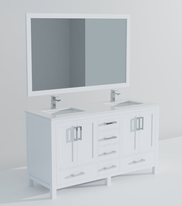 English Elm White Double Bath Vanity 60 in with Cultured Marble Top, Chrome Faucet, 58 in Mirror, Scratch-Resistant Finish B2731S01018