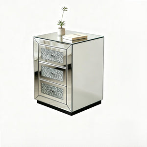 English Elm 3-drawer Mirrored Nightstand with Glitter Glam Silver Finish for Bedroom or Entryway W3935P462091