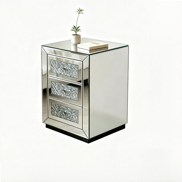 English Elm 3-drawer Mirrored Nightstand with Glitter Glam Silver Finish for Bedroom or Entryway W3935P462091