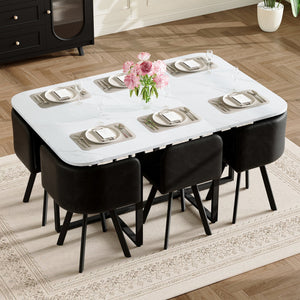 English Elm 7-piece Rectangular Dining Set Seats 6 with Faux Leather Chairs and Melamine Top Black,White W3875S00115