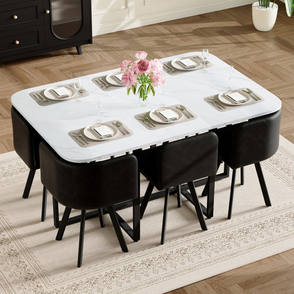 English Elm 7-piece Rectangular Dining Set Seats 6 with Faux Leather Chairs and Melamine Top Black,White W3875S00115
