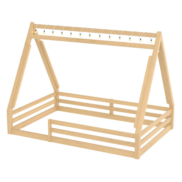 English Elm Twin Montessori Floor Bed Solid Pine Teepee Frame with Guardrails and Canopy Light Natural W1580P369468