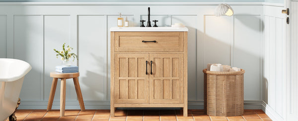 English Elm 30" Solid Pine Bathroom Vanity with Resin Sink Soft Close Doors and Natural Grain Finish N710P405952P