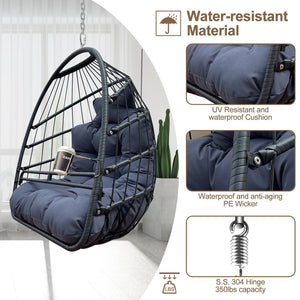 English Elm Swing Hammock Egg Chair with Wood-Grain Alloy Frame, UV-Resistant Rattan, Foldable 350lb Capacity Black W2707P184373