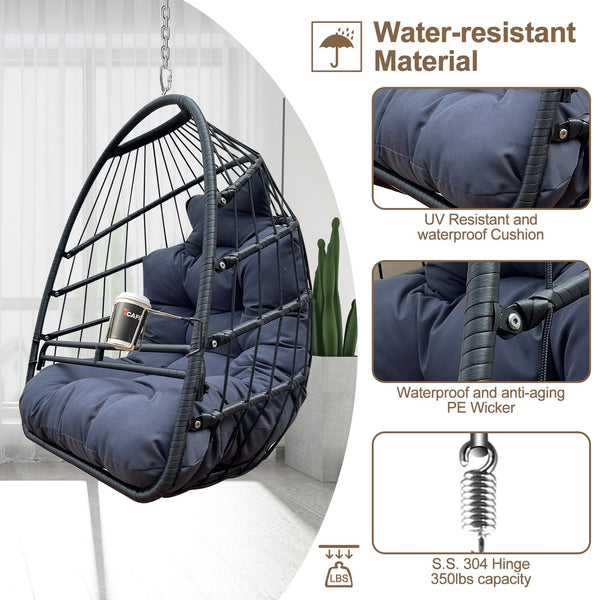 English Elm Swing Hammock Egg Chair with Wood-Grain Alloy Frame, UV-Resistant Rattan, Foldable 350lb Capacity Black W2707P184373