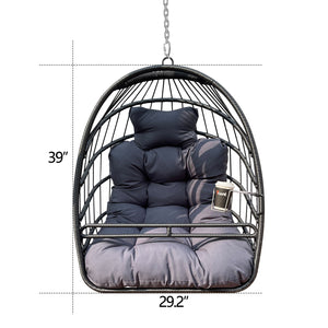 English Elm Swing Hammock Egg Chair with Wood-Grain Alloy Frame, UV-Resistant Rattan, Foldable 350lb Capacity Black W2707P184373