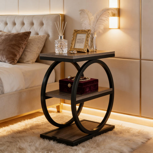English Elm Modern Two Tier End Table Black Metal Frame Wood Grain Surface for Living Room T3971P453262