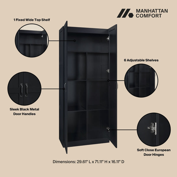 English Elm Cornelia Black Storage Cabinet with 7 Shelves, Soft-Close Hinges, Mop Base & Metal Handles, 71" H B365P397857