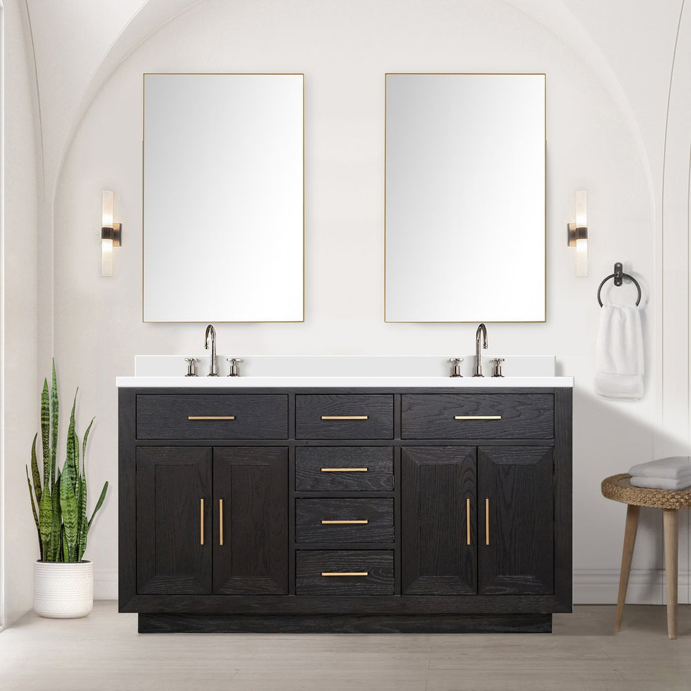 English Elm Black Oak Double Bath Vanity Set With White Quartz Top, Faucets & 28" Mirrors For Modern Bathrooms B2731S02173