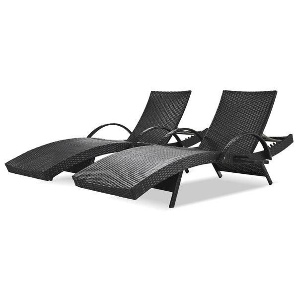English Elm K&K 80" Outdoor Wicker Chaise Lounge Set of 2 with 2000H UV Wicker, Pull-Out Side Table, 4-Position Recliner Black WF321204AAB