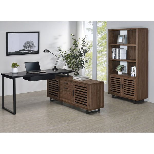 English Elm Rodger Walnut 3-Shelf Cabinet Bookcase with Slatted Doors, Open Back Accent Storage for Home Office_x000D_ B062P378335