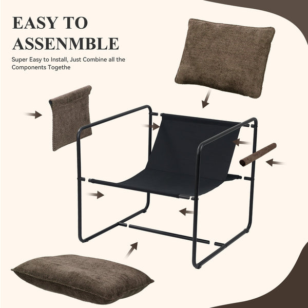 English Elm Accent Chair Mid-Century Rattan Arms Set of 2 with Rubber Wood Legs, Plush Fabric Seat, Cozy Lounge Brown T3950P399124