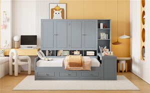 English Elm Full Size Wooden Daybed With Desk, Drawers, Shelves – Stylish Space-Saving Solution In Gray! N820S00055E