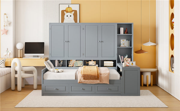 English Elm Full Size Wooden Daybed With Desk, Drawers, Shelves – Stylish Space-Saving Solution In Gray! N820S00055E