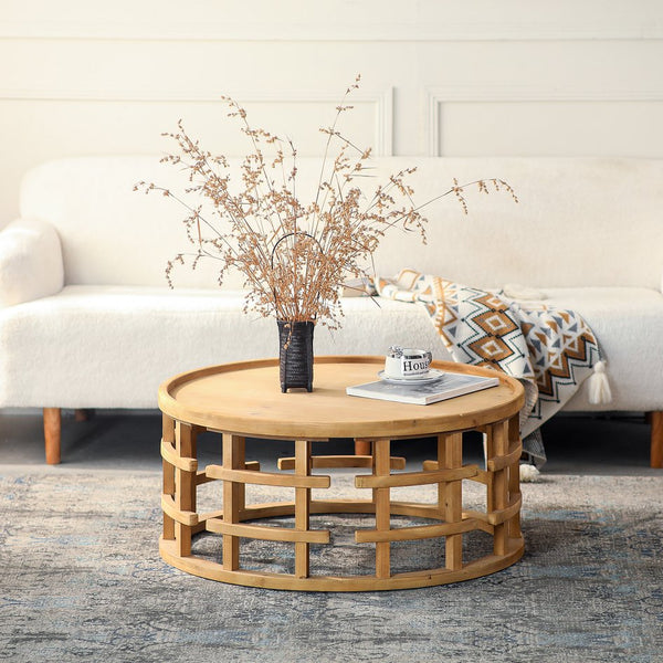 English Elm 31.5" Round Boho Coffee Table Natural Solid Wood 31.5" Top Open-Frame Geometric Base Rustic Chic W3306P318876