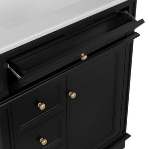 English Elm 30" Freestanding Bathroom Vanity Acacia Wood Matte Black Finish Gold Knobs Ceramic Sink N759P227429B