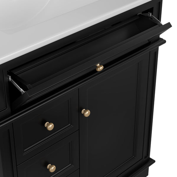 English Elm 30" Freestanding Bathroom Vanity Acacia Wood Matte Black Finish Gold Knobs Ceramic Sink N759P227429B