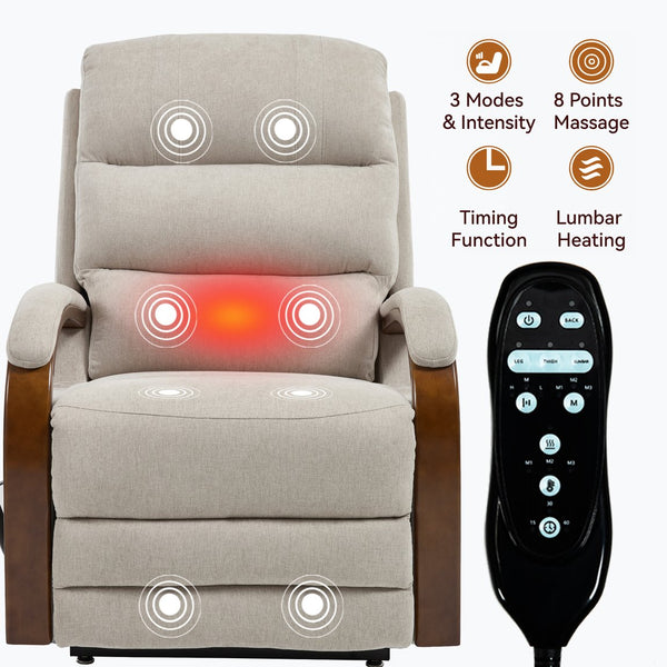 English Elm Power Lift Recliner Chair Chenille Upholstery Dual Motor Heat Massage Solid Wood Arms Beige W1803S00077