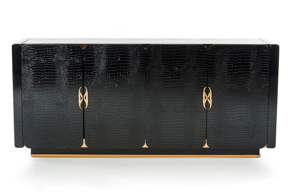 VIG Furniture Talin Black Crocodile High-Gloss Buffet With Rosegold Hardware — Glam Storage, 4 Doors, Ready-To-Use VGUN106-180-CROC