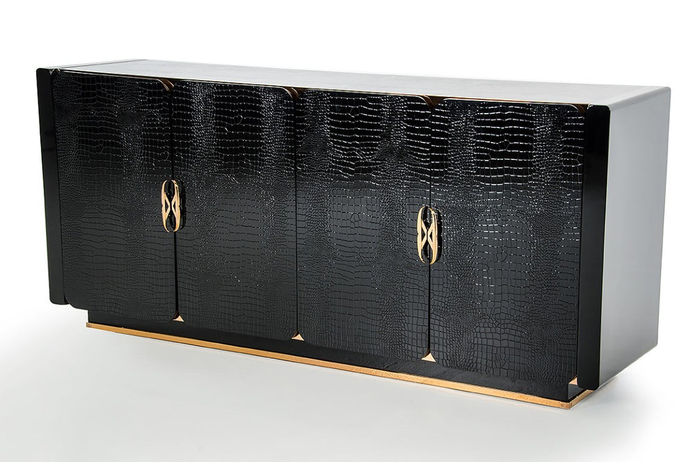 VIG Furniture Talin Black Crocodile High-Gloss Buffet With Rosegold Hardware — Glam Storage, 4 Doors, Ready-To-Use VGUN106-180-CROC
