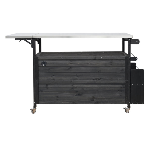 English Elm Foldable Outdoor Kitchen Cart with Stainless Worktop Fir Wood Frame and Lockable Wheels Black N719P380279B