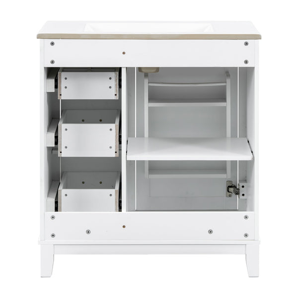 English Elm 30-inch Modern Bathroom Vanity with Ceramic Basin, Rubberwood Frame, Soft-Close Drawers & Organized Storage White N729P290689K