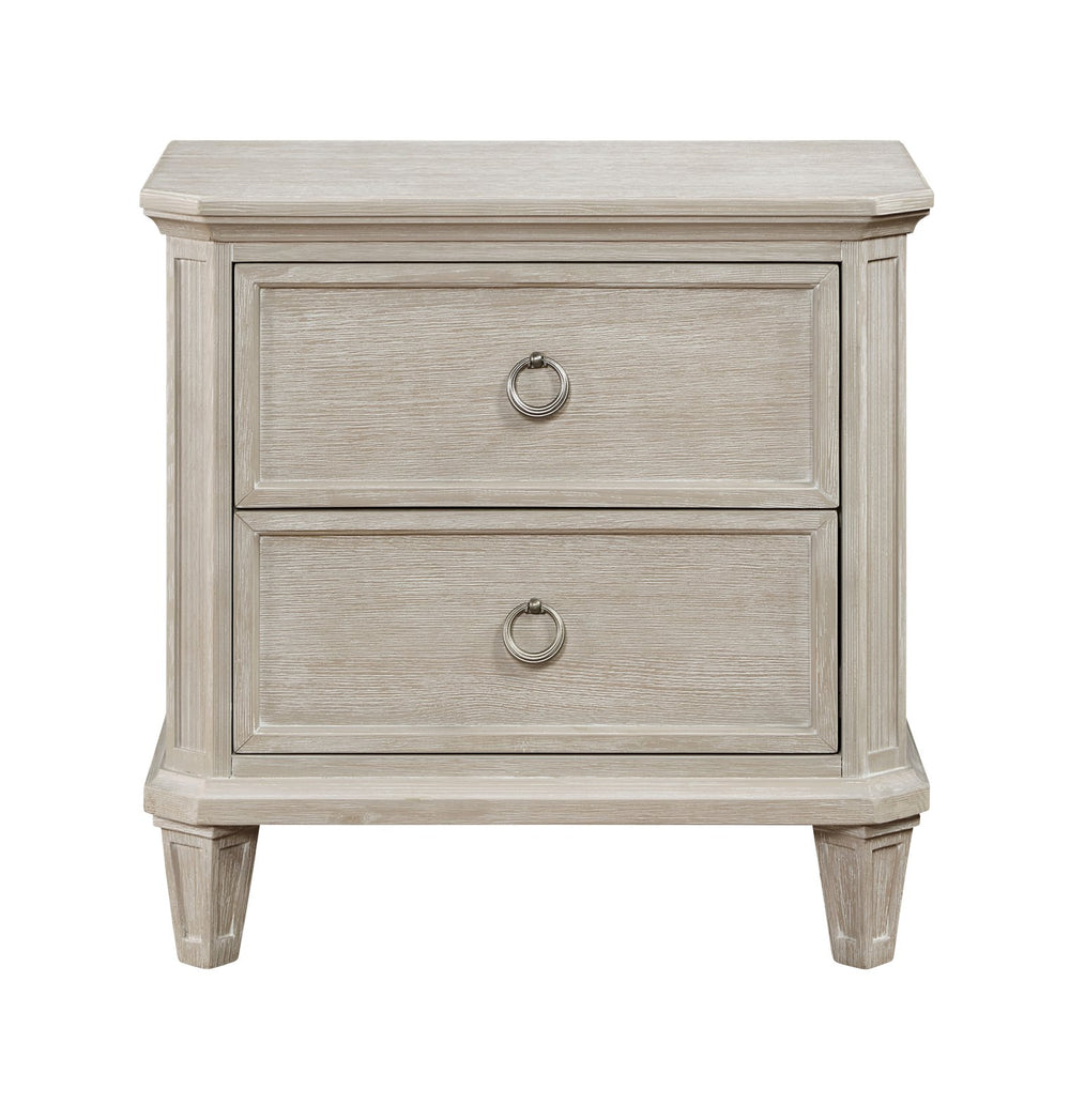 English Elm Light Oak Veneer Nightstand Two Drawers with Clipped Corners Weathered Nickel Rings Elegant Bedroom Accent B011P207857