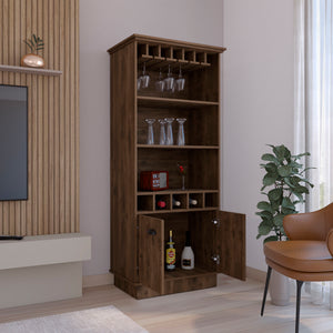 English Elm Bar Cabinet 70"H with Wine Rack, Glass Upper Display, 3 Open Shelves & Lower Storage, Dark Brown B097S00119