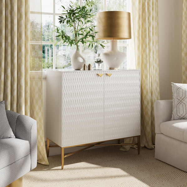 English Elm White Modern 2-Door Locker Accent Cabinet with Raised Diamond Front, Brass Tapered Legs, Storage Elegance T3609P333096