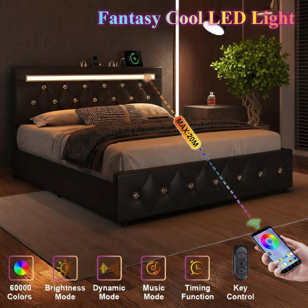 English Elm Queen Storage Bed with Led Lighting Crystal Tufted Pu Leather Headboard Charging Ports Black W5722P462463