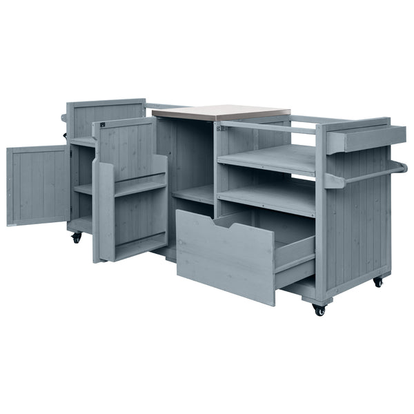 English Elm K&k 80.5 Inch Outdoor Kitchen Island Solid Fir Wood Stainless Steel Grill Cart Station Grey+Blue N707P392140G