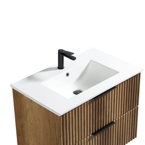 English Elm 30 Inch Floating Bathroom Vanity Fluted Wood Grain Front with Ceramic Integrated Sink W3520S00044