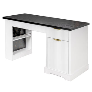 English Elm 55" Fluted White Computer Desk with Power Outlet Pegboard Cabinet and Keyboard Tray W2917P396008