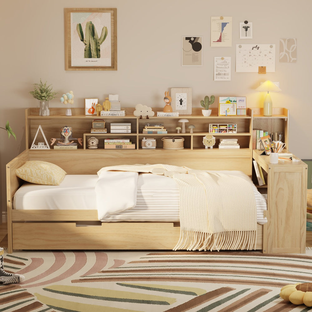 English Elm Wooden Twin Daybed with Trundle Built-in Desk and Open Shelves for Kids Rooms Natural N733S373389M