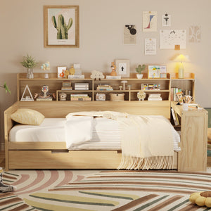 English Elm Wooden Twin Daybed with Trundle Built-in Desk and Open Shelves for Kids Rooms Natural N733S373389M