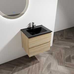 English Elm 24" Wall-Mounted Bathroom Vanity With Black Sink, 2 Soft-Close Drawers - Ideal For Compact Spaces! W999S00192