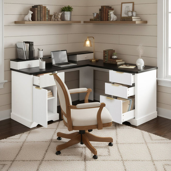 English Elm 59" Fluted Oak L-shaped Corner Desk with Charging Station Monitor Stand and File Storage White W2917S00004