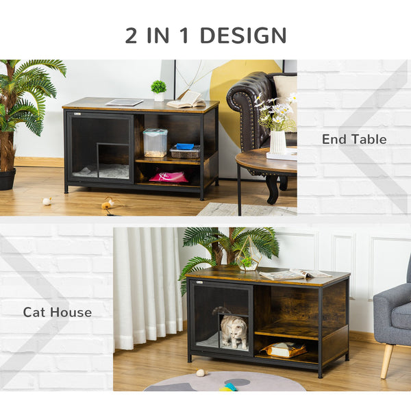 English Elm PawHut Stylish Cat Kennel End Table with Sliding Doors, Steel & Wood Look Pet House with Cushion Brown W2225P173765