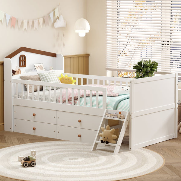 English Elm Twin Bed Frame with Storage Drawers and House Headboard, Kids Platform Bed with Guardrail Ladder and Shelf White 49.3 L x 16.25 W x 7.75 H N733S278032K