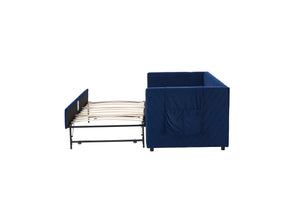 English Elm Twin Velvet Upholstered Daybed with Trundle, V-Pattern Backrest, USB Port, Side Pockets, Sturdy Design Navy W1361S00044
