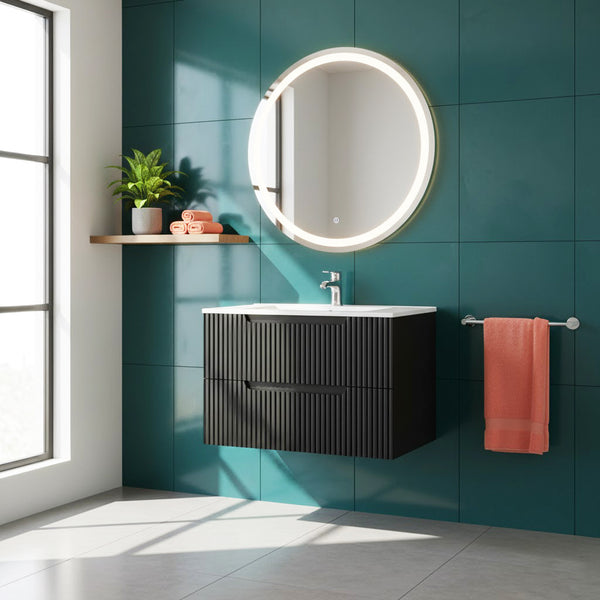 English Elm Goodyo 30 Inch Wall Mounted Bathroom Vanity with Ceramic Sink, Soft-Close Drawers & Spacious Storage Black W1223S00034