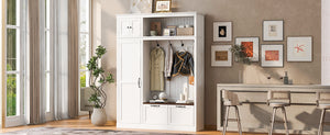 English Elm 3-in-1 Entryway Hall Tree with Cabinet Hooks Bench Drawers and Adjustable Shelving White SJ000160AAK