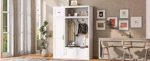 English Elm 3-in-1 Entryway Hall Tree with Cabinet Hooks Bench Drawers and Adjustable Shelving White SJ000160AAK