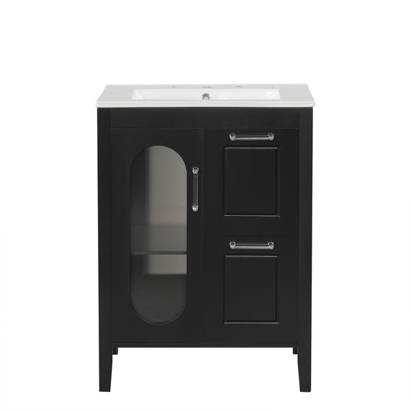 English Elm 24" Bathroom Vanity with Sink Solid Wood & Ceramic Top, Modern Freestanding Cabinet with Drawers Black N725P351849B