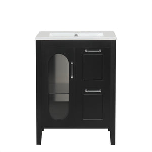 English Elm 24" Modern Bathroom Vanity with Ceramic Sink, Solid Wood & MDF Cabinet, Two Drawers, Shelf Black N725P245273B