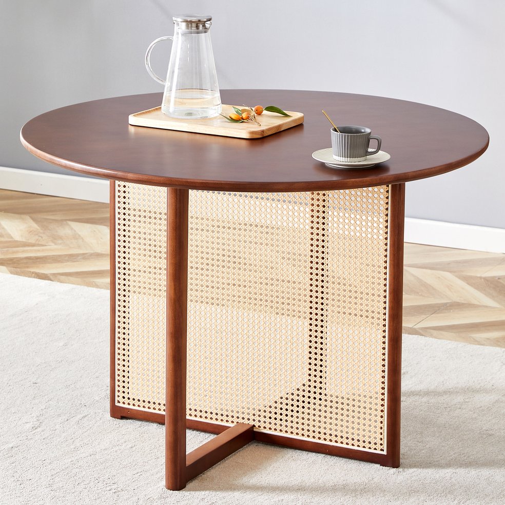 English Elm Chinese Solid Wood Round Table - Rustic Walnut Finish With Imitation Rattan | Versatile & Easy Assembly! W1151P154828