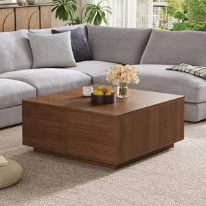English Elm 33.25" Square Storage Coffee Table Four Drawer Matte Mdf Living Room Centerpiece Walnut N735P422508D