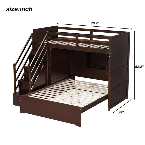 English Elm Twin Over Full Bunk Bed with Wardrobe Storage Stairs Shelves and Usb Charging Espresso LT000292AAP