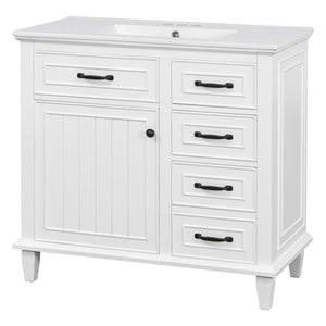 English Elm 36 Inch Bathroom Vanity - Modern Ceramic Sink, Solid Wood Frame, Adjustable Storage & Soft-Close Doors N725P336554K